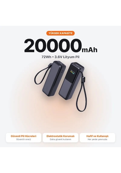Dr-07 20000mah 100w Hızlı Şarj Powerbank Dijital Ekranlı Dahili Type-c Kablolu Dizüstü Uyumlu Gri