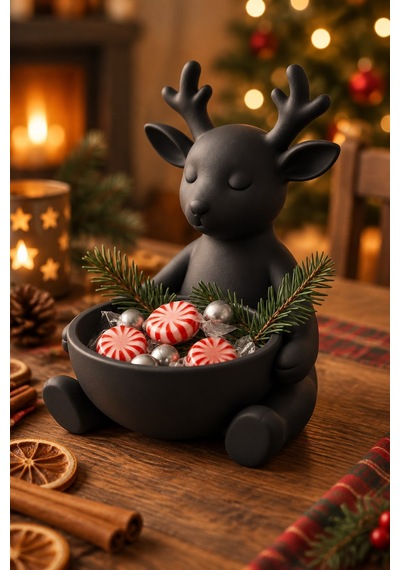 Ren Geyiği Figürlü Çok Amaçlı Kase Noel Sunum Kabı Siyah