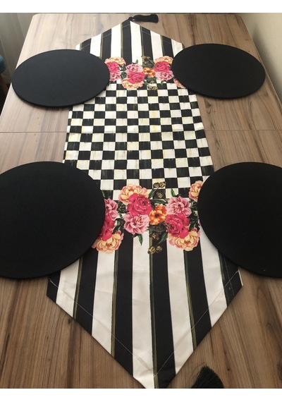 Dama Desenli Fuşya Çiçekli Runner & Supla Çok Renkli