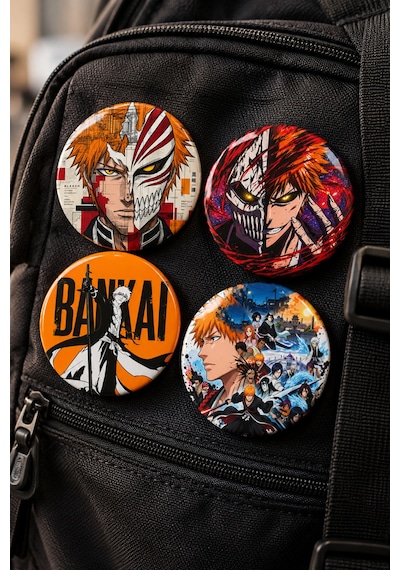 Bleach 58mm 4'lü Rozet Seti Ichigo Kurosaki Anime Çanta Mont Ceket Rozeti Çok Renkli