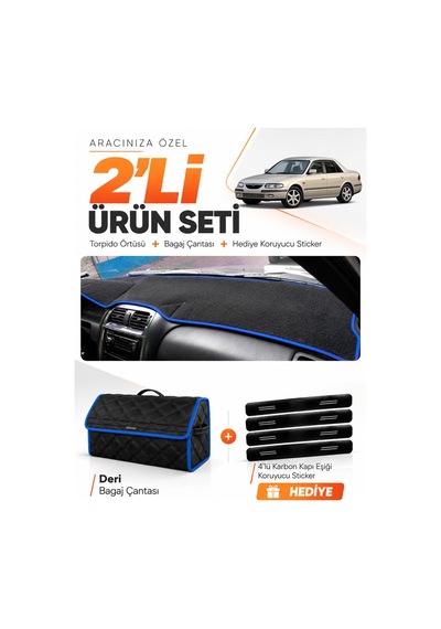 E-biz Mazda 626 1997-2002 Uyumlu Torpido Örtüsü + Deri Bagaj Çantası Seti - Siyah-mavi - Ma011