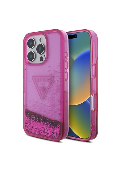 Apple iPhone 16 Pro Uyumlu Kılıf Guess Lisanslı Transparan Sıvılı Simli Dizayn Kapak Pembe