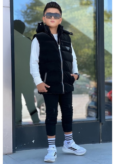 Pina Kids Erkek Çocuk Çıtçıt Kapüşonlu Nova Kumaş Şişme Yelek Ylk3026 Siyah