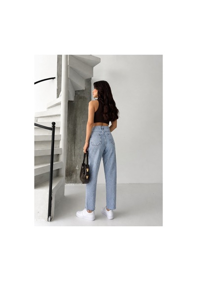 Kene Jeans Buz Kar Paça Kesik Taşlı Mom Denim Pantolon Buz Kar