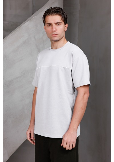 Erkek Garnili Şeritli Oversize Bisiklet Yaka 2 İki İplik Kompakt T-shirt Ekru