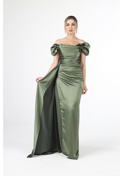 Feminist Haki Drape Detaylı Saten Kumaş Abiye Elbise 9704858.23 Haki