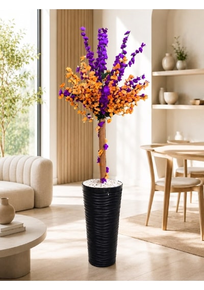 Lüks Yapay Mor Ve Turuncu Çiçekli Dekoratif Sakura Ağacı- 165 Cm Modern Siyah Dalgalı Saksıda Çok Renkli