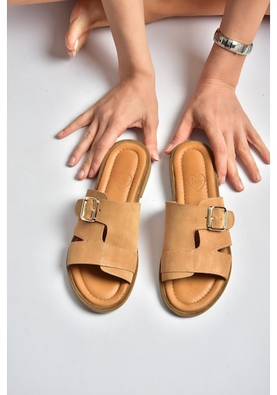 Fox Shoes Y944791002 Taba Hakiki Deri Süet Kadın Terlik