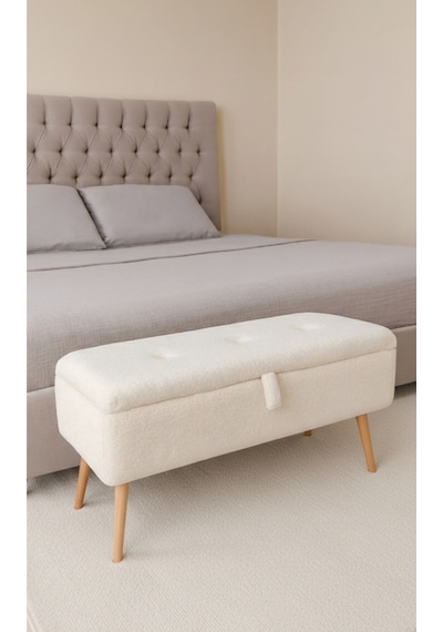 Yatak Önü Sandıklı Puf, Ve Giyinme Odası, Puf Bench, Yatak Ucu, Peluş Kumaş Puf Sandıklı Krem