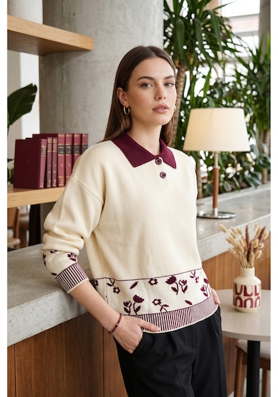Sayzen Your Shine Çiçek Desenli Gömlek Yaka Regular Fit Kadın Triko Kazak Bordo