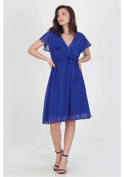 Neşeli Butik Kadın Midi Boy Yeni Sezon Kruvaze Yaka Melek Kol Şifon Elbise Ry8081 Saks