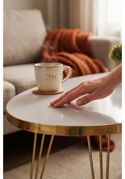 Gees Global Zigon Sehpa Ve Orta Sehpa Beyaz Elips Set Tel Ayak Gold Gbzs