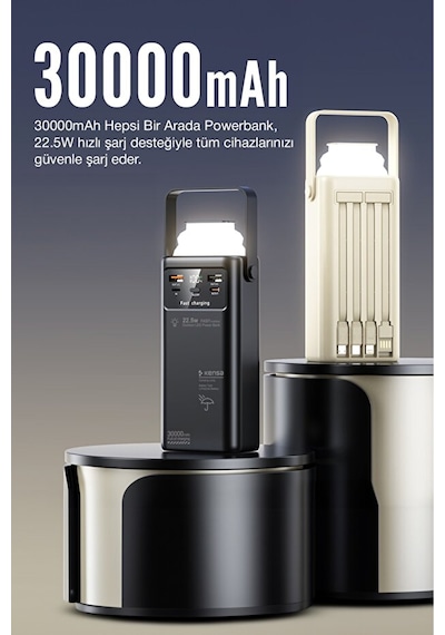 30.000 Mah Outdoor Led Işıklı Hızlı Şarj Powerbank Usb-c & Çoklu Cihaz Desteği siyah