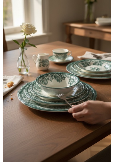 Akayev Porselen Vintage Green 24 Parça Yemek Takımı Green