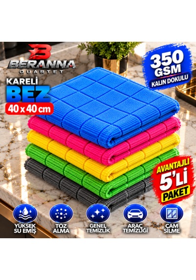 Kareli Mikrofiber Bez 40x40 Cm 350 Gsm Kalın Dokulu Avantajlı 5'li Paket