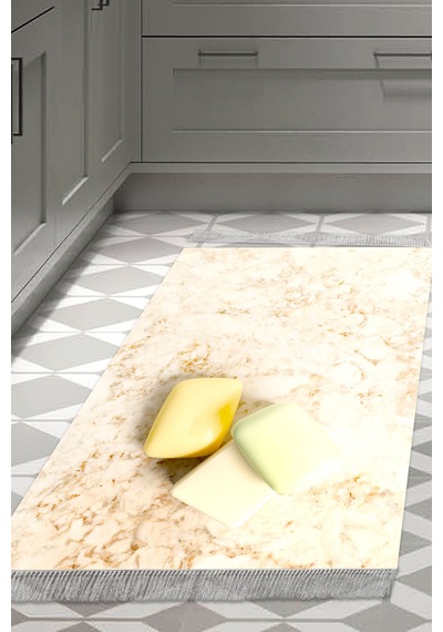 Alanur Home Kaymaz Dijital Mutfak & Salon Halı Trend Saçaklı Mermer E5033 krem