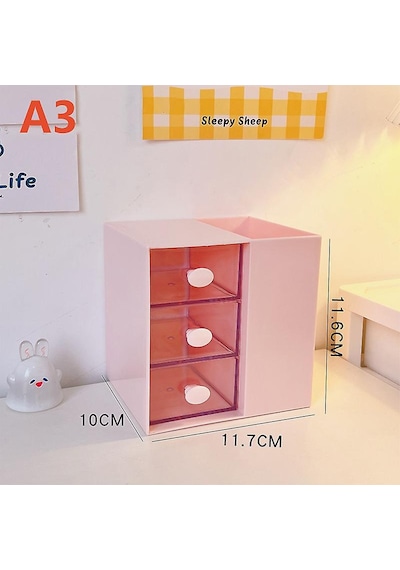 Masaüstü Kalemlik Organizer 7 Bölmeli Kawaii Kapaklı Mini Çekmeceli Kalemlik - Pembe Pembe