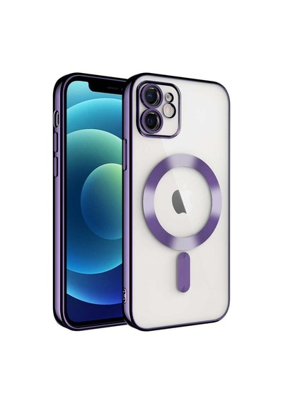 Apple Uyumlu iPhone 11 Mag Safe Özellikli Lens Korumalı Logo Gösteren Şeffaf Silikon Kılıf - Lila