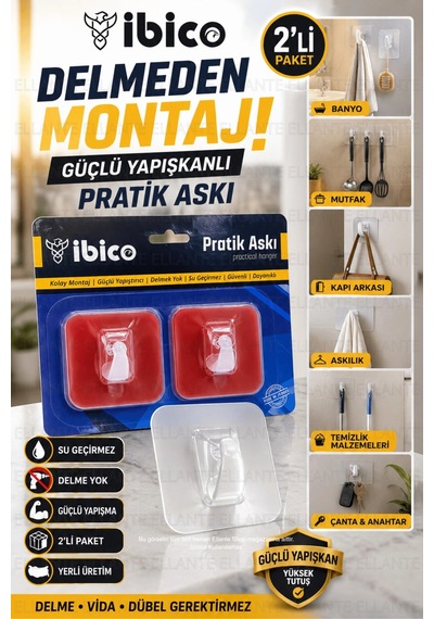 Pratik Askı 2'li Yapıştırmalı Duvar Askısı Şeffaf Askılık Delmeden Montaj Güçlü Yapışkan Su Geçirmez Çok Renkli