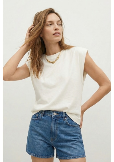 Elemge %100 Pamuk Süprem Tok Kumaş Kadın Oversize Ekru T-shirt Geniş Omuzlu Dökümlü Kolsuz Bol Kalıp