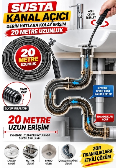 9 Mm 20 Metre Susta Kanal Açıcı Spiral Manuel Gider Açma Teli, Lavabo Mutfak Banyo Tıkanıklık Aç