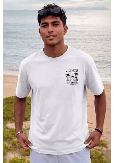 Genius Store Erkek Tişört Pamuklu Kumaş Sırt Baskılı Tişört Sokak Modası Rahat Kalıp T-shirt West-beyaz