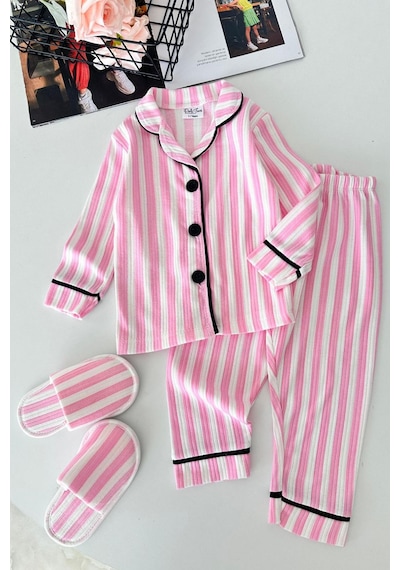 Minigimin Cicileri Çizgi Desenli Terlikli Kız Çocuk Pijama Takımı - Açık Pembe