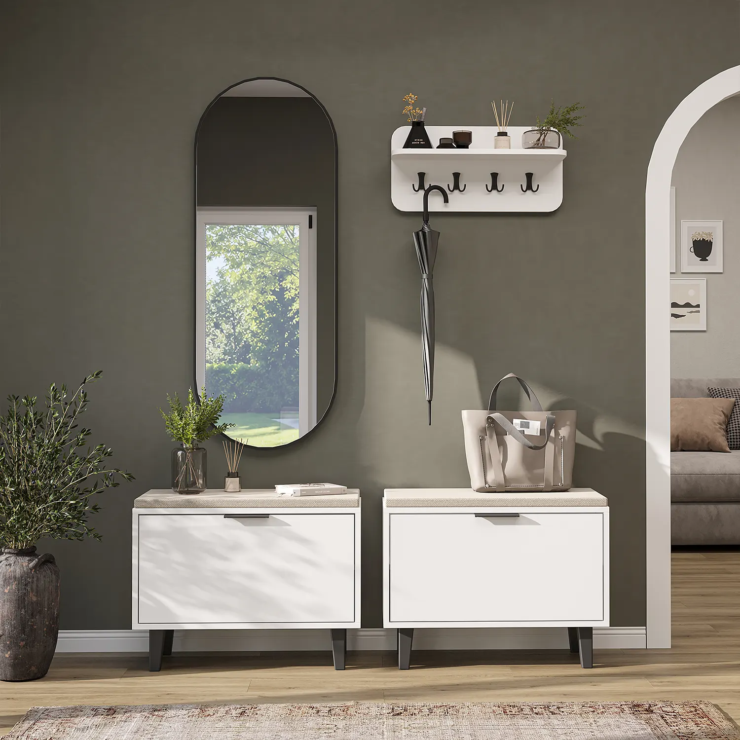 Nord Vestiyer Takımı Askılıklı, Kapaklı Bench, Modüler, Oval Aynalı Portmanto Takımı Beyaz Nord Vestiyer Takımı Askılıklı, Kapaklı Bench, Modüler, Oval Aynalı Portmanto Takımı Beyaz