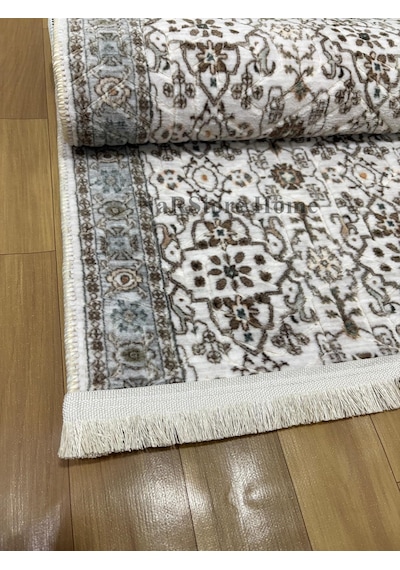 Merinos Çiçekli Otantik Krem Kahve Yeşil Kalın Kaymaz Taban Kesm Saçaklı Yeşil-krem