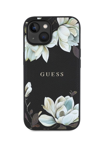 Apple Uyumlu iPhone 15 Kılıf Guess Lisanslı M-safe Özellikli Taneli Çiçek Tasarımlı Metal Yazı Logolu Kapak Siyah