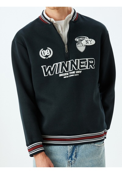 Koton Şardonlu Pamuk Karışımlı Slogan Baskılı Yarım Fermuarlı Sweatshirt Lacivert 5wam70180mk Lacivert