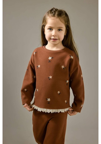 Defacto Kız Bebek Oversize Geniş Kalıp Bisiklet Yaka Çiçekli Uzun Kollu Tişört G6839a525cwbn176 Kahve-bn176