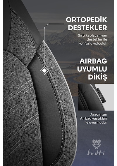 Siyah - Gri Butti Bello Serisi Keten Kumaş Premium Oto Koltuk Kılıfı Ortopedik Destekli, Ön Arka Tam Set
