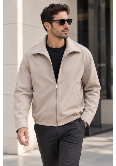 Polo State Erkek Astarlı Fermuarlı Lastik Bel Regular Fit Ceket - Bej