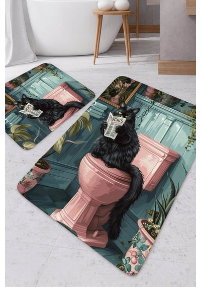 Buççin Online Mağaza Harikabirev Banyo Ve Tuvalet Paspası Gazete Okuyan Kedi Motifi Modern Tasarım Paspas Polyester Orta Çok Renkli