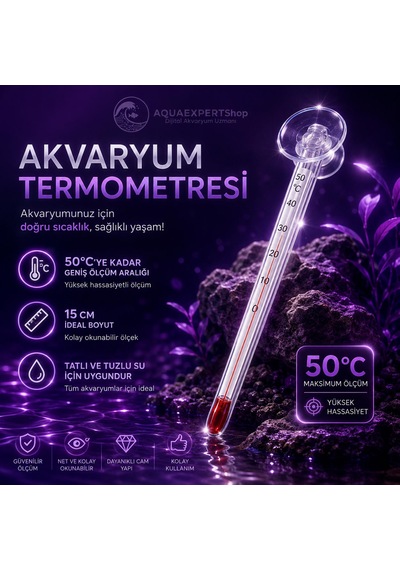 Akvaryum Termometre - Beyaz - Hassas Ölçüm - Cam Termometre - 0/50 Derece Arası Ölçüm - Net Görünür - Güçlü Vantuz