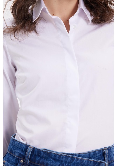 Tudors Kadın Slim Fit Non-ıron Pamuklu Vücuda Oturan Ütü Gerektirmez Pensli Beyaz Gömlek-42046 Beyaz