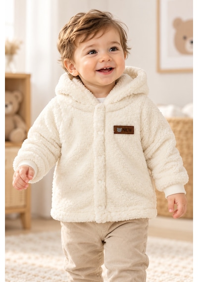 Beniizle Kapüşonlu Unisex Welsoft Yumuşak Dokulu Çıtçıtlı Kışlık Bebek Hırkası Ekru