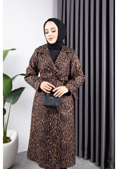 Harman Butik Kadın Astarlı Leopar Desenli Kaşe Kaban Kahverengi Kahverengi