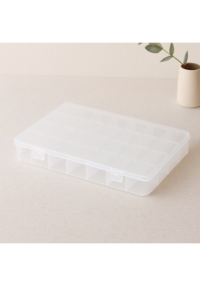 28 Bölmeli Organizer Kutusu - Plastik Şeffaf Kapak Açık Ahşap
