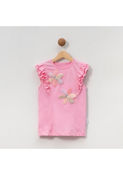 Overdo Kids Kız Çocuk Çiçekli Fırfırlı Kısa Kollu %100 Pamuklu T-shirt Pembe