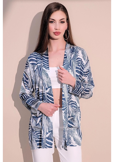 WeShaya Kadın Mavi Safari Desen Yeni Moda Saten Çift Cepli Salaş Kimono Ceket - Tesettüre Uygun Mavi