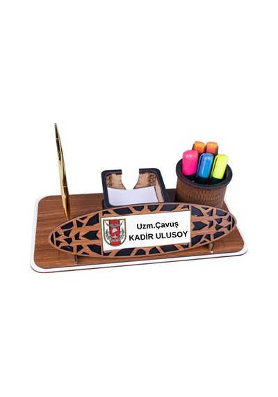 Tsk Logolu Kişiye Özel Ahşap Masa İsimliği Askerlere Özel Hediyelik Ofis Seti Kahverengi