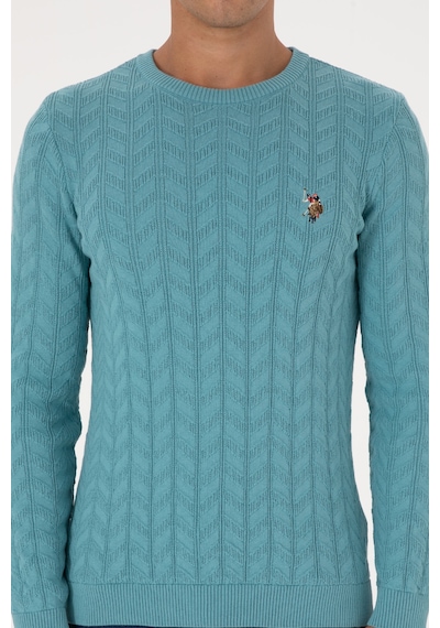 U.S. Polo Assn. Erkek Slim Fit Bisiklet Yaka Desenli Mint Kazak 50307836-VR152