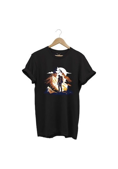 Mountain Dağ Yürüyüşü Ve Kar Manzara Baskılı %100 Pamuk Unisex Regular Fit T-shirt Siyah