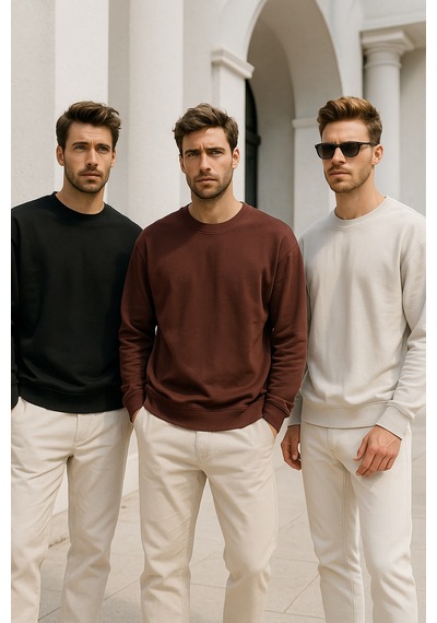 Rich Erkek 3'lü Paket Siyah - Kahverengi - Krem Bisiklet Yaka Scuba Sweatshirt Siyah