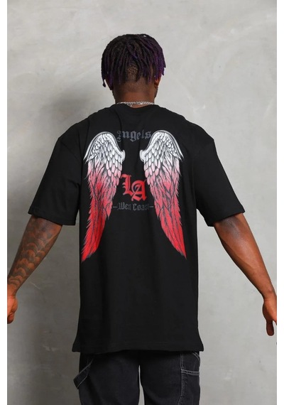Erkek Oversize Baskılı Bisiklet Yaka Kısa Kol T-shirt - Siyah Siyah