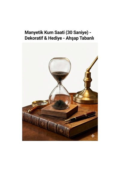 Manyetik Kum Saati Mıknatıslı Ahşap Standlı Dekoratif Masaüstü Hediyelik Süs Eşyası 14 Cm