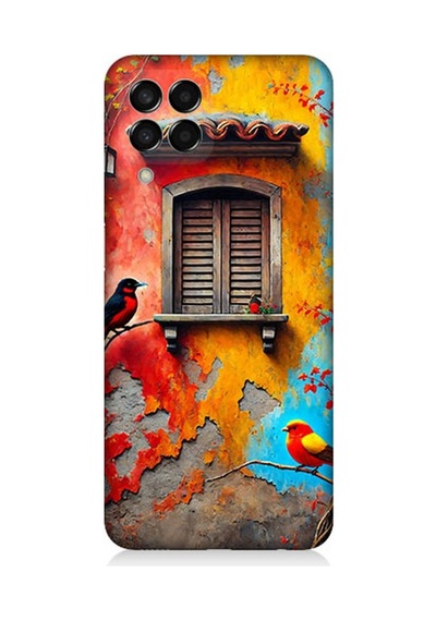 Samsung Galaxy M33 Uyumlu Pencerede Renkli Kuşlar Desenli Silikon Kılıf Çok Renkli