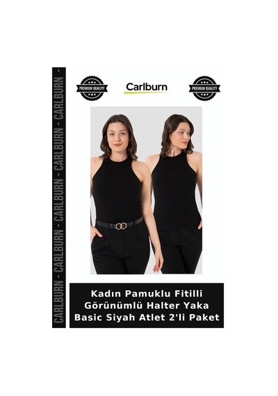 Carlburn Kadın Pamuklu Fitilli Görünümlü Halter Yaka Basic Siyah Atlet 2'li Paket Gardırop Tekstil Örme Üst